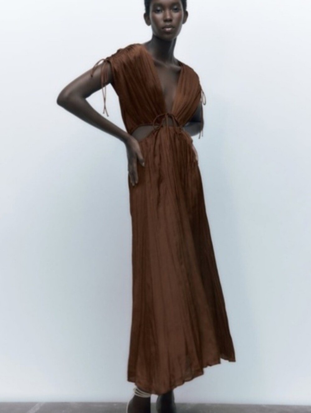 NWT Zara Satin Effect Pleated Cut Out Maxi Dress Brown XS
